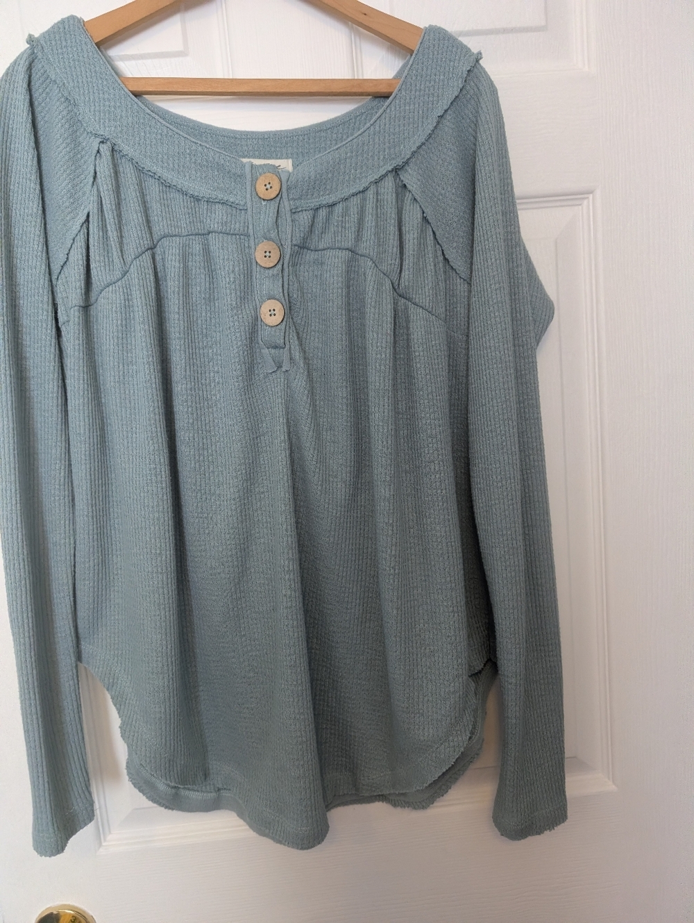 We The Free Aqua Waffle Knit Henley Top - Women Size Small